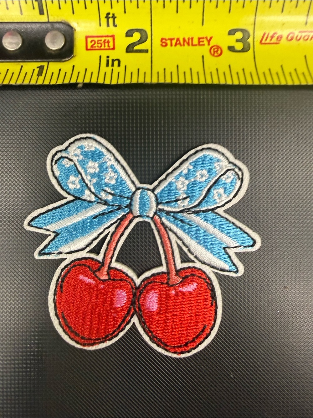Blue Bow with Red Cherry Embroidered Appliquรฉ Patch
